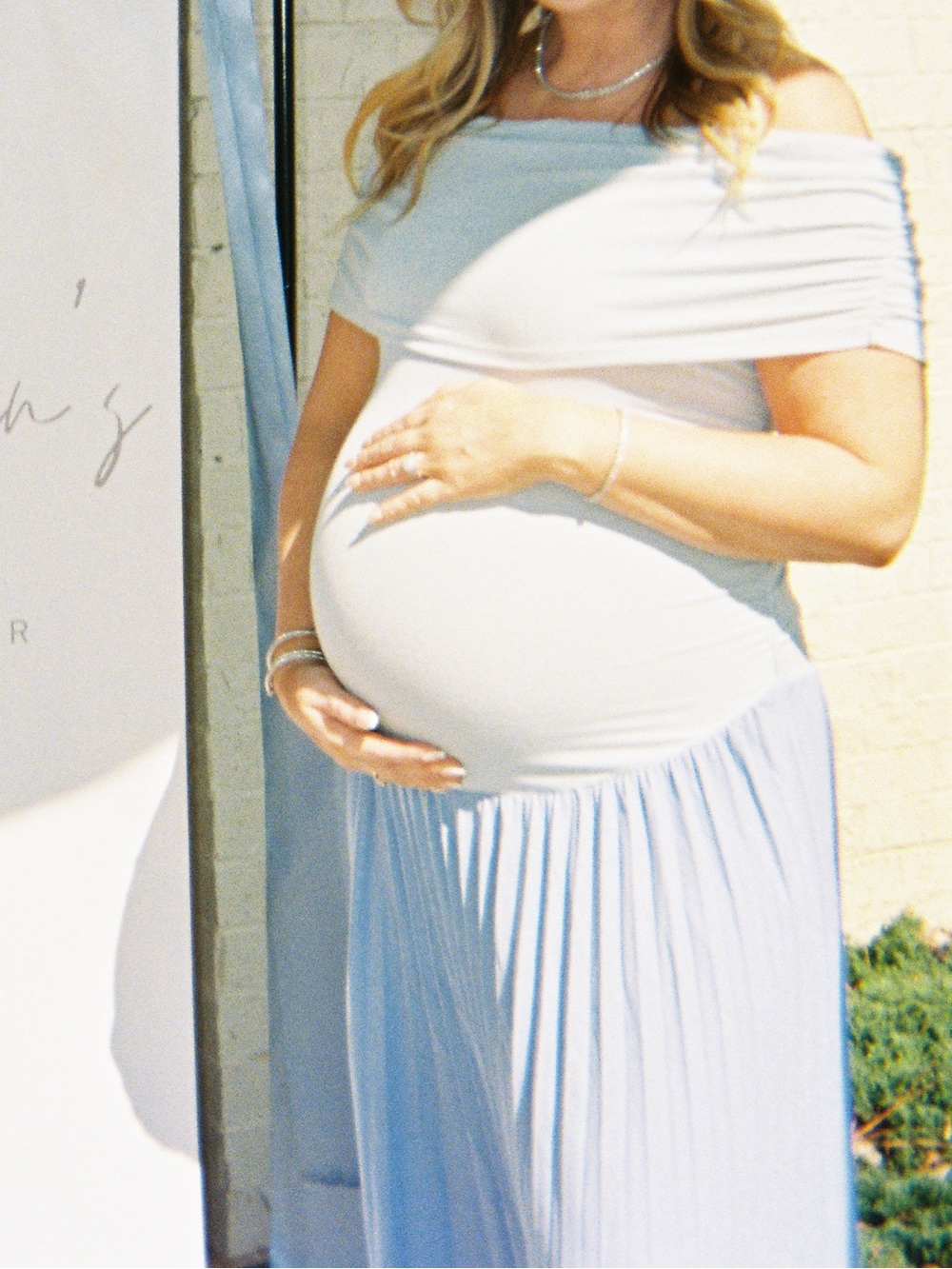 Lioness Light Blue and White Maternity Off-Shoulder Gown